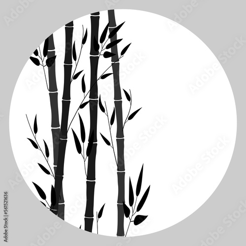 Round frame with bamboo plants. Twigs and leaves of bamboo. Black silhouette on a white background. Place for text. Flyer  banner  advertisement template. Vector illustration