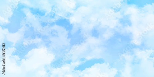 Blue sky with white clouds background. Romantic sky. Abstract nature background of romantic summer blue sky with fluffy clouds. Beautiful puffy clouds in bright blue sky in day sunlight.
