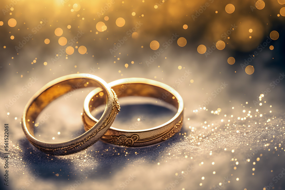 Wedding rings, in the snow, Forever. Valentine's day. Generative AI Wedding rings, in the snow, Forever. Valentine's day. Generative AI