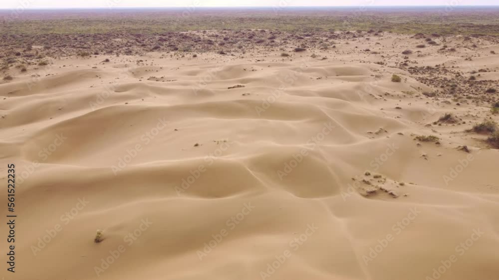 Drone flying high above the spring Kyzylkum desert, View of the magnificent sand dunes from the top at sunrise. Diffused natural beautiful lighting of sandy hills. desert top view Drone flying high above the spring Kyzylkum desert, View of the magnificent sand dunes from the top at sunrise. Diffused natural beautiful lighting of sandy hills. desert top view