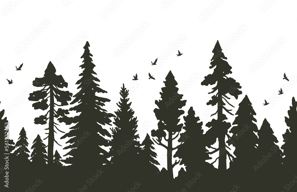 Seamless pattern with coniferous forest. Vector silhouette of firs, pines and birds isolated on white background. Nature border pattern