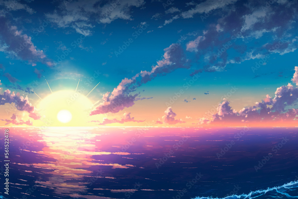 Sunrise over the sea. Anime wallpaper. AI Stock Illustration | Adobe Stock
