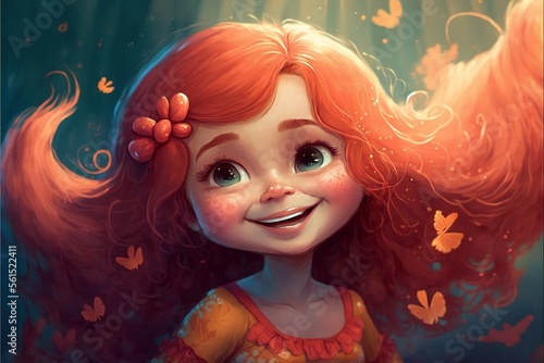 Cute joyful smiling girl in cartoon style on a background of butterflies.Adorable child with red hair on a turquoise background.AI generated.