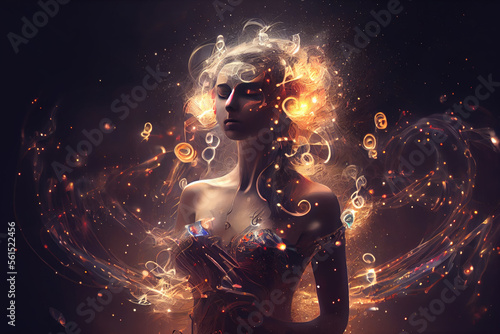 Mystical portrait showcasing sound healing therapy and yoga meditation; a tranquil woman surrounded by ethereal melodies and cosmic energy. Perfect for spiritual seekers. generative ai