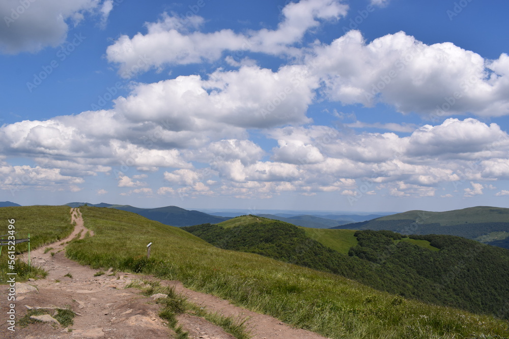 clouds, mountains, trails, sunny weather, green hills, hills, sky, trip