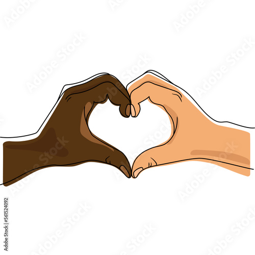 African black and Caucasian white skin color hands make a heart together vector graphics.Multinational heart shaped hands Symbol of equality unity partnership peace help support.Zero Discrimination