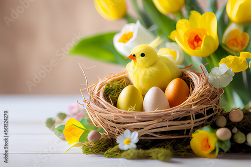Happy Easter Greeting Background with Colorful Eggs. Generative AI