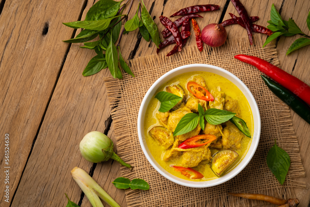 Thai Green Curry with Fish Balls in white bowl ,thai food ,Gaeng Kiew Wan Luuk Chin Plaa Kay.Top view Thai Green Curry with Fish Balls in white bowl ,thai food ,Gaeng Kiew Wan Luuk Chin Plaa Kay.Top view