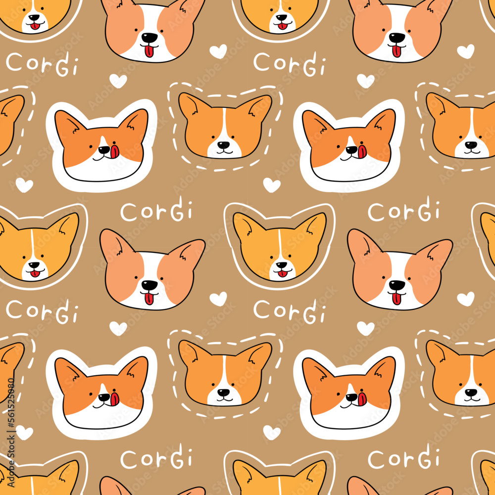 Fototapeta premium Seamless Pattern with Cartoon Corgi Dog Face Design on Brown Background