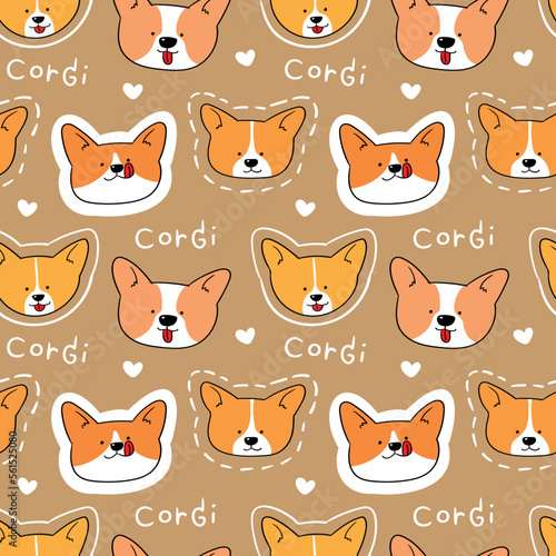 Seamless Pattern with Cartoon Corgi Dog Face Design on Brown Background