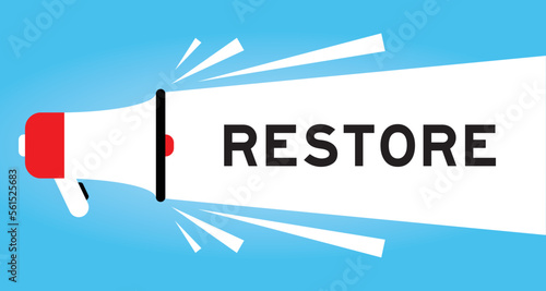 Color megaphone icon with word restore in white banner on blue background