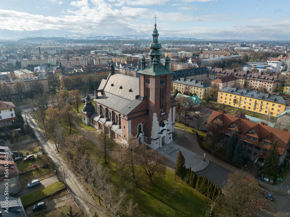 Aerial view of the church in Nowy Targ, Poland