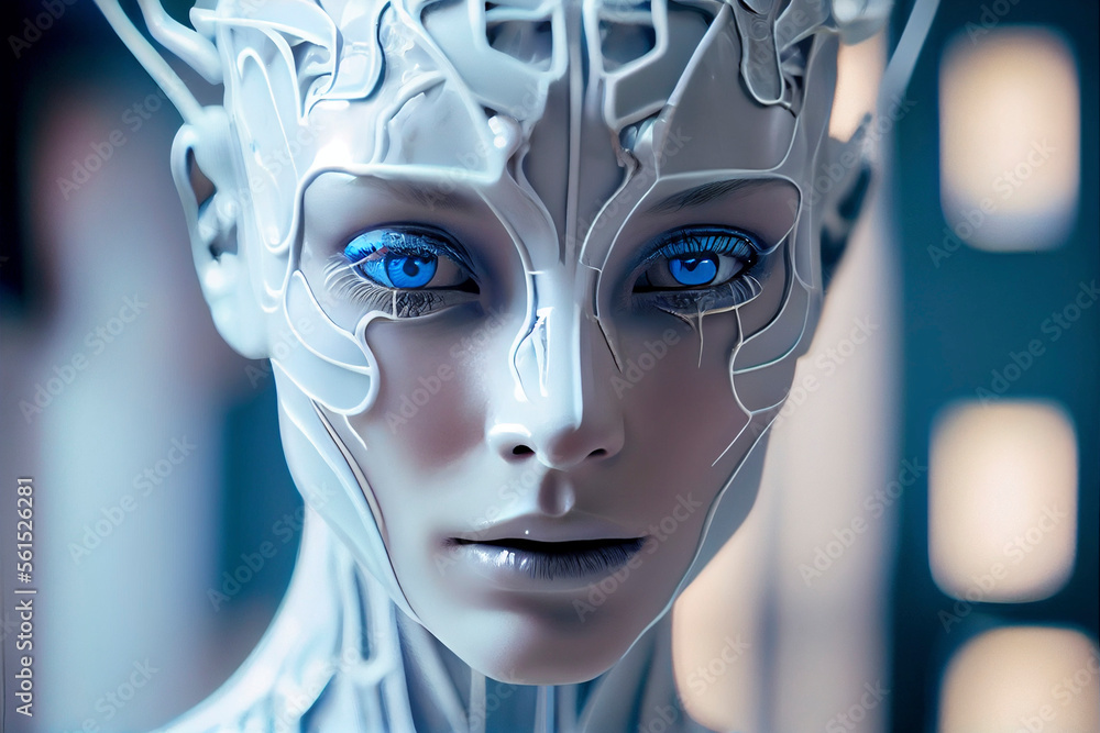 The Flow of Time: A Close-Up Portrait of an Incomplete Humanoid Android Covered in White Porcelain Skin, Blue Eyes, and Glowing Internal Parts. The Flow of Time: A Close-Up Portrait of an Incomplete Humanoid Android Covered in White Porcelain Skin, Blue Eyes, and Glowing Internal Parts.