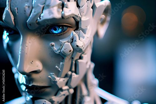 The Flow of Time: A Close-Up Portrait of an Incomplete Humanoid Android Covered in White Porcelain Skin, Blue Eyes, and Glowing Internal Parts. photo