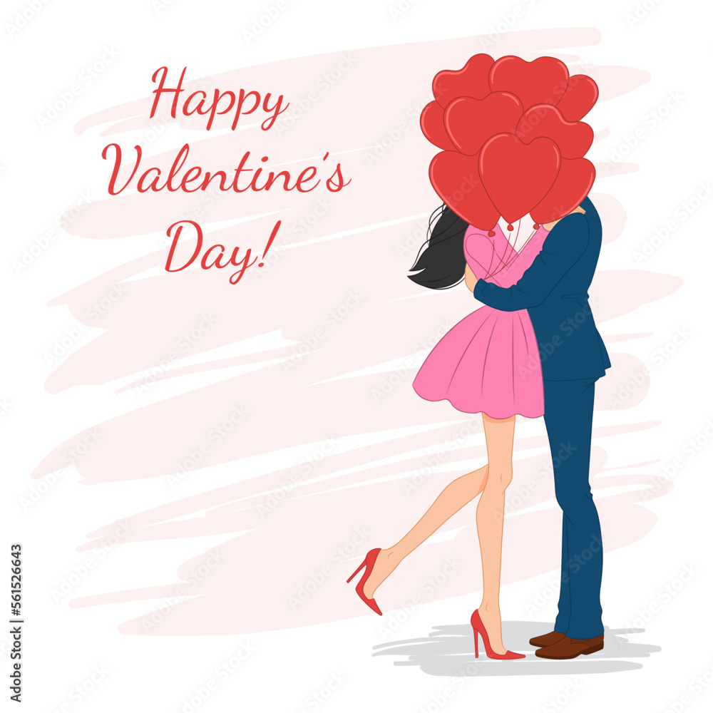 Young, beautiful, romantic couple holding heart-shaped red balloons. Valentine's day celebration, vector illustration. Young, beautiful, romantic couple holding heart-shaped red balloons. Valentine's day celebration, vector illustration.