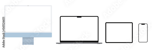 Computer monitor, pc, desktop, laptop, notebook, tablet, smartphone set transparent png. Blank screen devices for mockup.