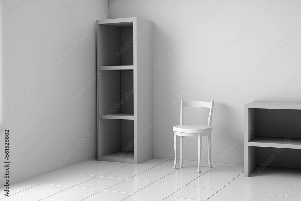 a white room with a gray chair and an empty shelf for a prototype,. Generative AI a white room with a gray chair and an empty shelf for a prototype,. Generative AI