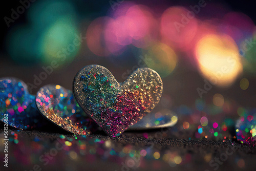 Colorful glittering hearts on the colorful bokeh background, St. Valentine's Day, Generative AI