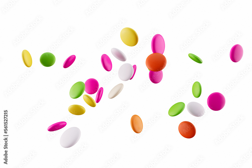 Colorful rainbow candy falling Flying on white background 3d illustration