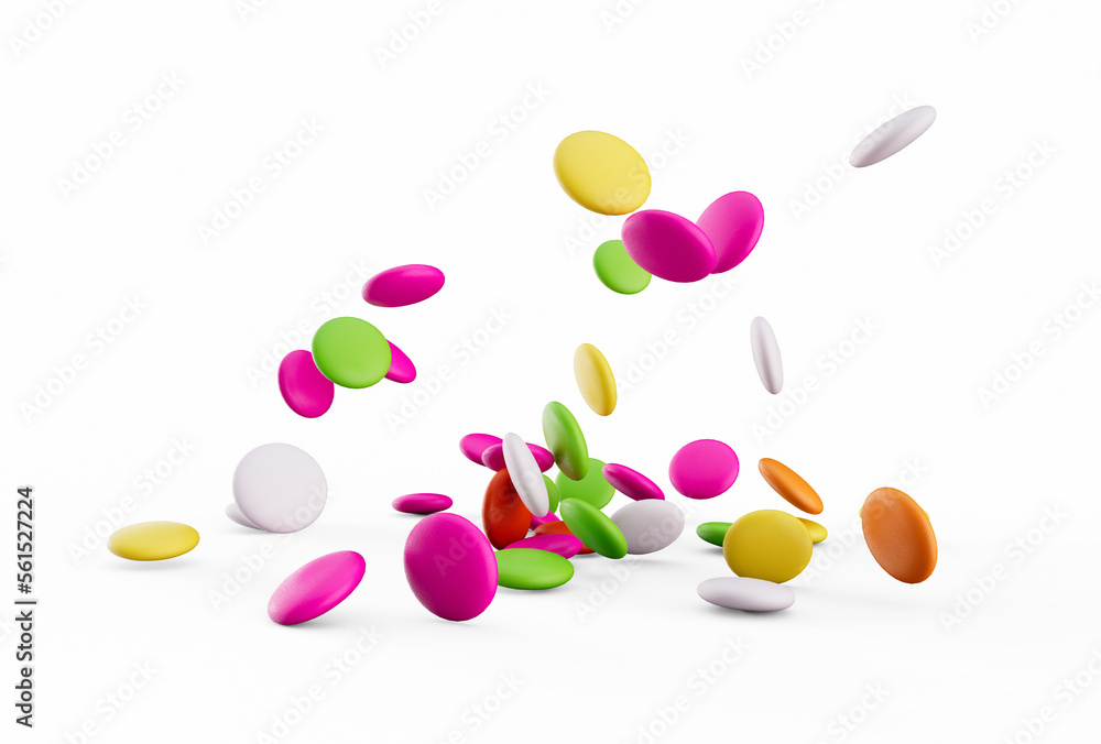 Colorful rainbow candy falling Flying on white background 3d illustration