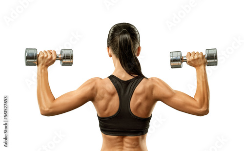 Fitness woman in training muscles of the back with dumbbells