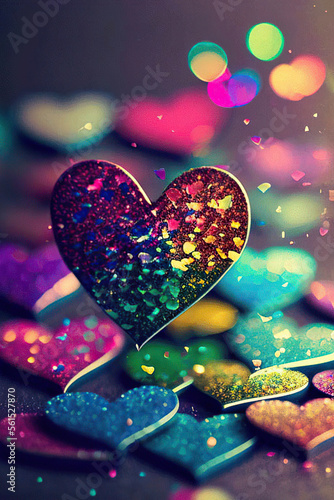Beautiful colorful glittering heart in the colorful bokeh background, rainbow hearts, sequins, St. Valentine's Day, Generative AI