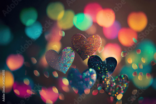 Beautiful colorful hearts in the colorful bokeh background, sequins, St. Valentine's Day, Generative AI © Eva