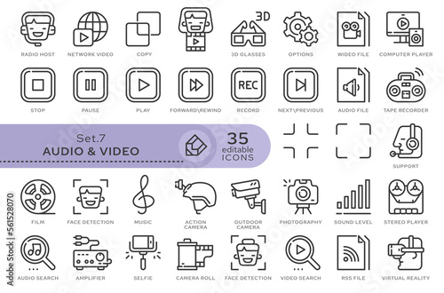 Set of conceptual icons. Vector icons in flat linear style for web sites, applications and other graphic resources. Set from the series - Audio and Video. Editable outline icon. 