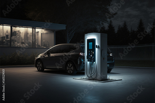 Electric car charging stations at night. Ai generative © Dar1930