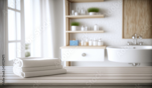 White bathroom interior. Empty wooden table top for product display with blurred bathroom interior background 