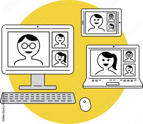 Work remotely on your computer. Study or meet online. video conferencing. Work from home or anywhere. new way of working. flat design.