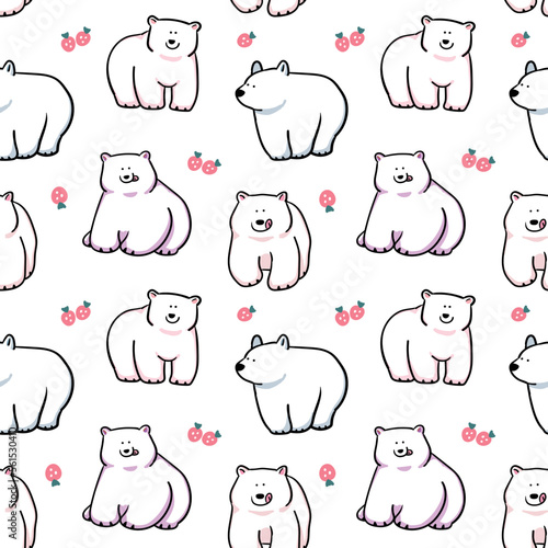 Seamless Pattern with Cartoon White Bear and Strawberry Design on White Background
