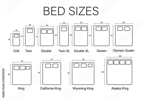 Sizes of beds and mattresses. Line icons of mattresses with dimensions. Vector