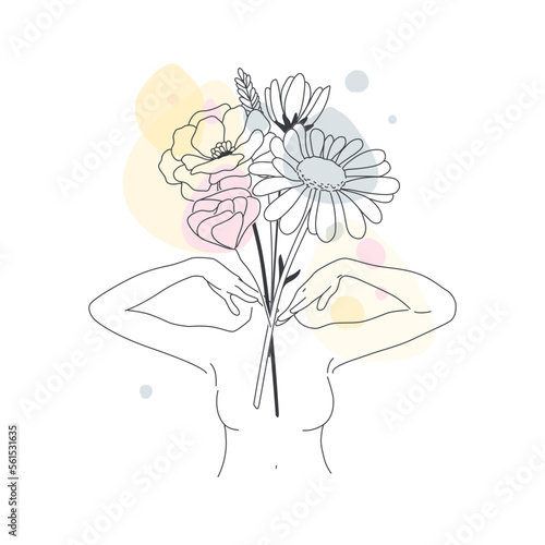 Minimal Line Drawing. Foce Woman Art Flower Images. Girl with flowers color template design. Line Vector illustration.