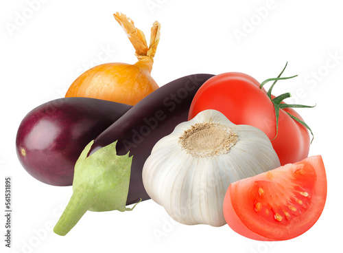 Fresh vegetables (eggplants, tomato, garlic and onion) cut out