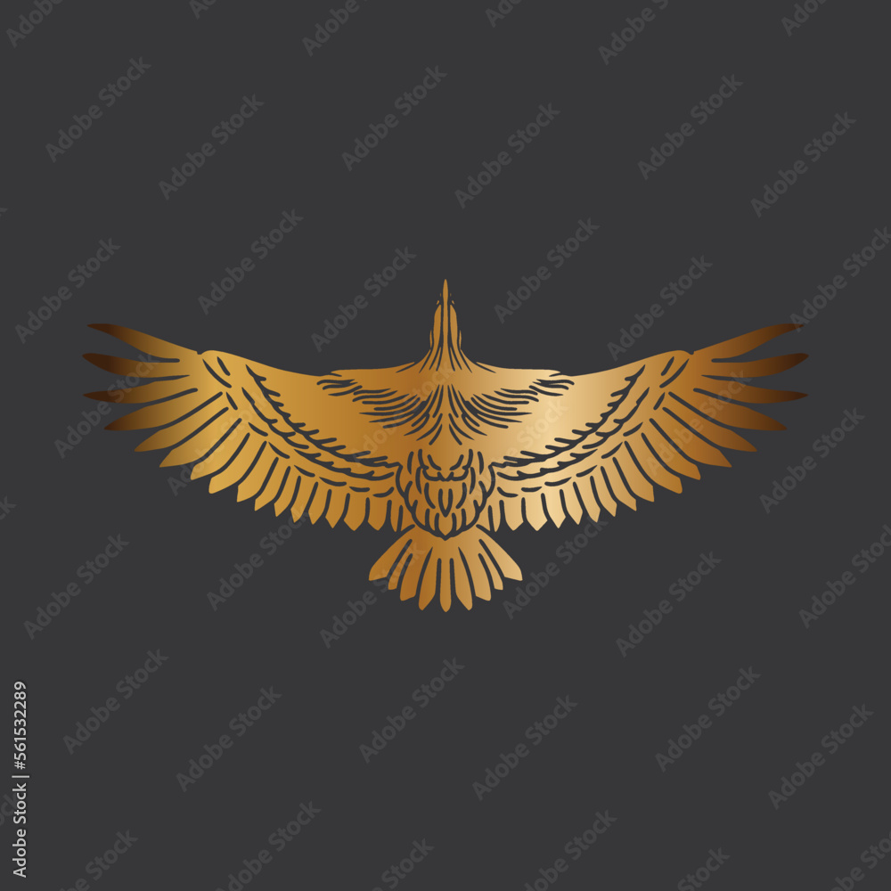 Fototapeta premium Hand Draw Flyin Eagle Golden Background Isolated Black Background