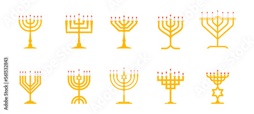 Bundle golden Jewish Big menorah with seven candles vector illustration