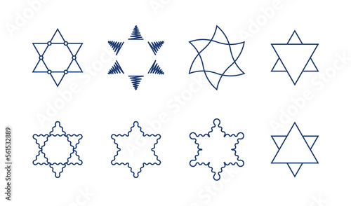 Six-pointed stars set of doodles and unusual shape vector illustration with editable stroke