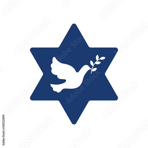 Jewish star of David with a silhouette dove holding a sprig of olive in its beak in the center of the star of David vector illustration