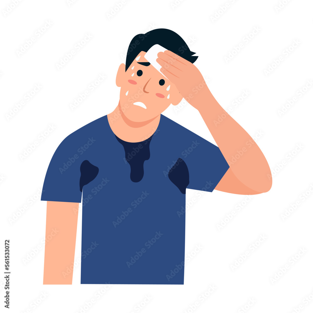 Man wiping sweat with napkin. Guy sweating a lot.  Boy with sweaty clothes. Vector illustration - obrazy, fototapety, plakaty 