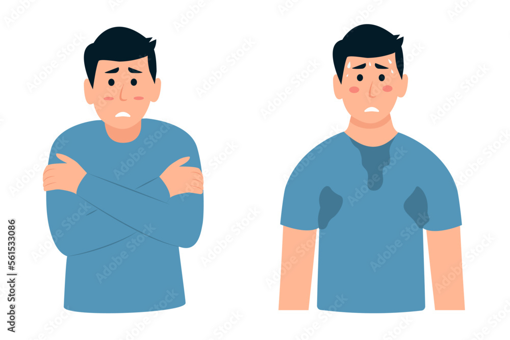 Sad guy feels hot and exhausted. Boy trembling feeling cold hugging herself.Man suffering from cold and hot weather. Winter and summer season problem. Vector illustration Sad guy feels hot and exhausted. Boy trembling feeling cold hugging herself.Man suffering from cold and hot weather. Winter and summer season problem. Vector illustration