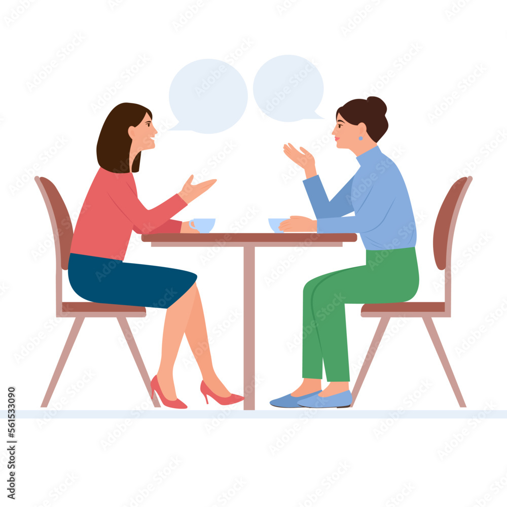 Women talking together. People communicating. People conversation with speech bubbles. Flat vector illustration Women talking together. People communicating. People conversation with speech bubbles. Flat vector illustration