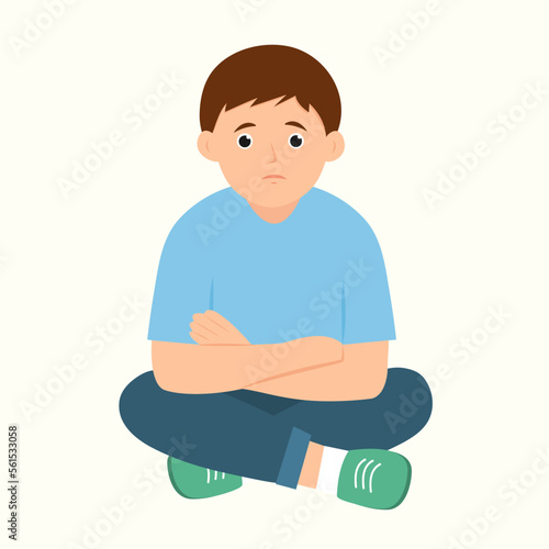 Upset little boy sitting alone on floor with crossed arms. Boring sad expression. Vector illustration
