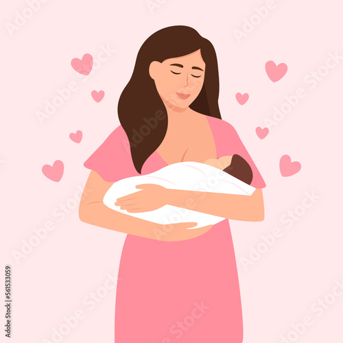 Breastfeeding mother.  Lactation concept.Mom holding and nursing her child in hands. Breast feeding week, baby care. Vector illustration