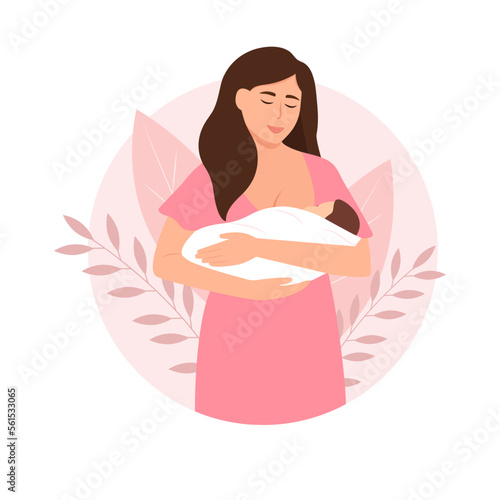 Beautiful Woman feeding a baby with breast with nature and leaves background. Breastfeeding mother.Woman Lactation concept. World Breastfeeding Week. Flat vector illustration