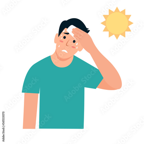 Man wiping sweat with napkin. Guy sweating a lot.  Boy with sweaty clothes. Vector illustration