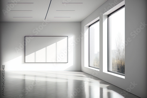 Wallpaper Mural Modern gallery interior with empty mock up place on light wall installation, windows with city view and daylight. Museum and exhibition concept. Generative AI Torontodigital.ca