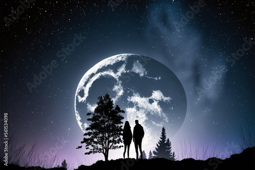 A silhouette of a couple on a date under the full moon sky Generative AI