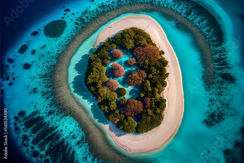 An atoll among crystal clear waters. A lost island. Drone photography. Top view. Generated AI image