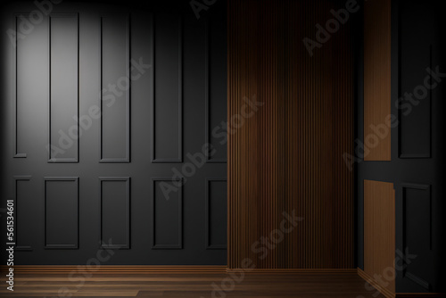 Wooden room with door. Black and brown wall. Generated AI image